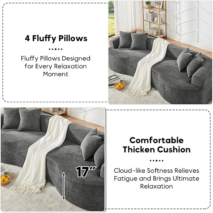 Oversized Sectional Sofa for Living Room 112 Modern Luxury Plush Chenille Sofa 4-Seater Extra Deep &amp Wide Seat Curved Cloud Couch with 4 Throw Pillows Dark Gray