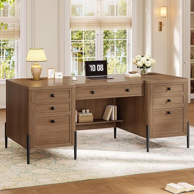 63 Executive Desk with 5 Drawers Farmhouse Home Office Desks with 2 Storage Cabinet and Keyboard Tray Large Boss Desk with Privacy Panel Modern Table with Open Shelf and File Drawer