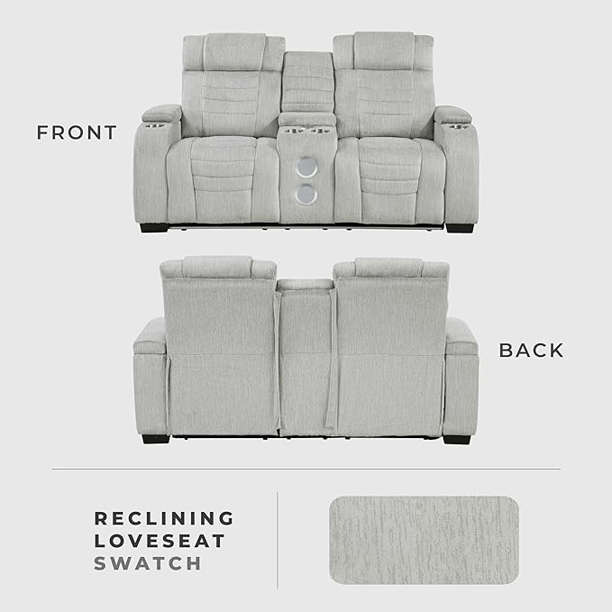Lexicon Wall Hugger Manual Double Reclining Loveseat with Console Microfiber Home Theater Seating with Cup Holders/Hidden Arm Storage/Wireless Speakers/LED Base Lighting for Living Room Light Gray