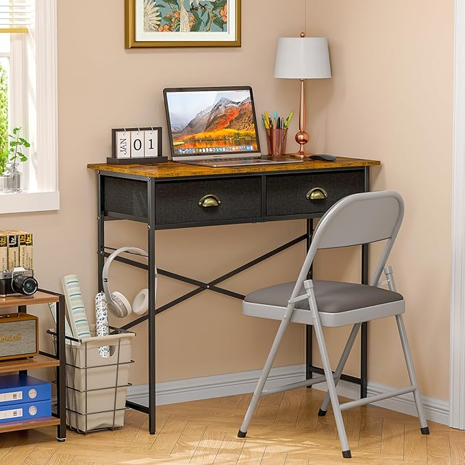 Small Writing Desk for Kids Bedroom 31.5 Inch Computer Desk for Small Spaces Simple Desk with 2 Fabric Drawers for Home Office Dorm Living Room Home Study Table Rustic Brown
