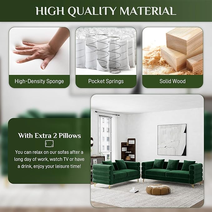 Living Room Sofa and Loveseat Set Modern Comfy Overstuffed Velvet Deep Seat Cloud Couch with 5 Pillows Oversized Chesterfield Furniture Sets for Living Room Bedroom Emerald Green Velvet