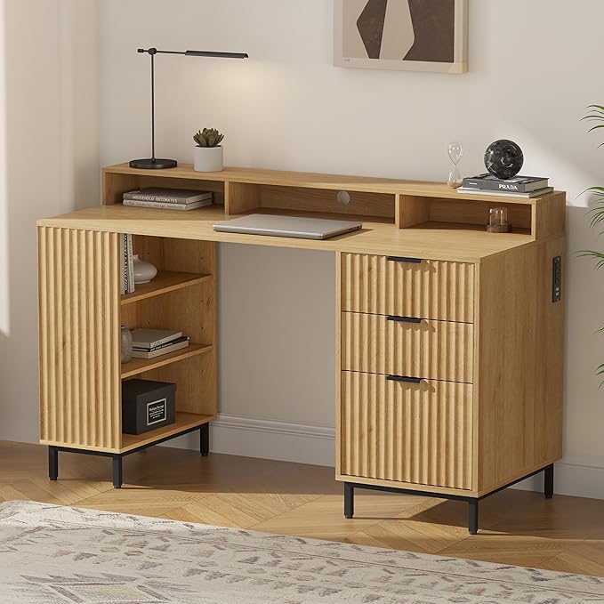 Fluted Executive Desk with Charging Station 55 Modern Wood Office Desk with Monitor Stand &amp File Drawer Home Writing Study Computer Table for Work Study Natural Oak