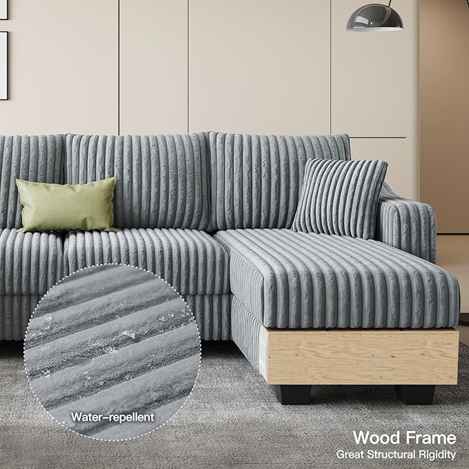 Belffin U Shaped Couch with Reversible Chaises Sectional Couches for Living Room Sectional Couch with Ottomans Corduroy (Light Grey U Shaped)