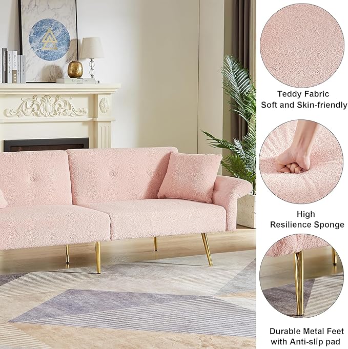 69.5''Pink Futon Loveseat Sofa Bed Teddy Upholstered Folding Couch with Adjustable Backrest and Armrests Sleeper Couches with Side Pocket and Gold Metal Legs for Small Space Living Room (Pink)