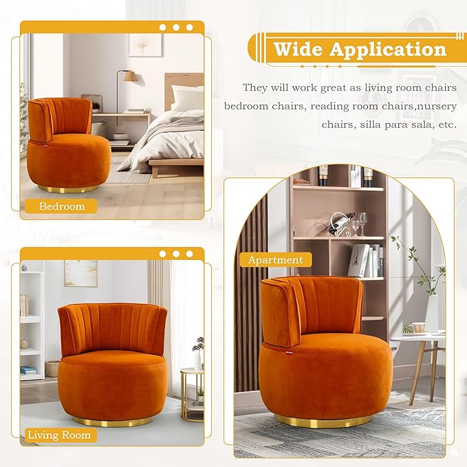 SLEERWAY 360° Swivel Barrel Chair Modern Velvet Round Accent Chair Comfy Upholstered Small Armchair with Gold Metal Base for Living Room Bedroom Nursery Office Sillas para Sala Orange