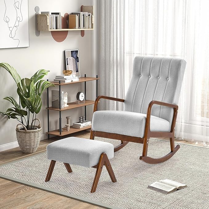 KOMFOTT Rocking Chair with Ottoman Set of 2 Upholstered Rocker Chair with Footrest Side Pocket Stable Rubber Frame &amp Tufted Backrest Mid-Century Modern Rocking Accent Chair for Living Room Gr