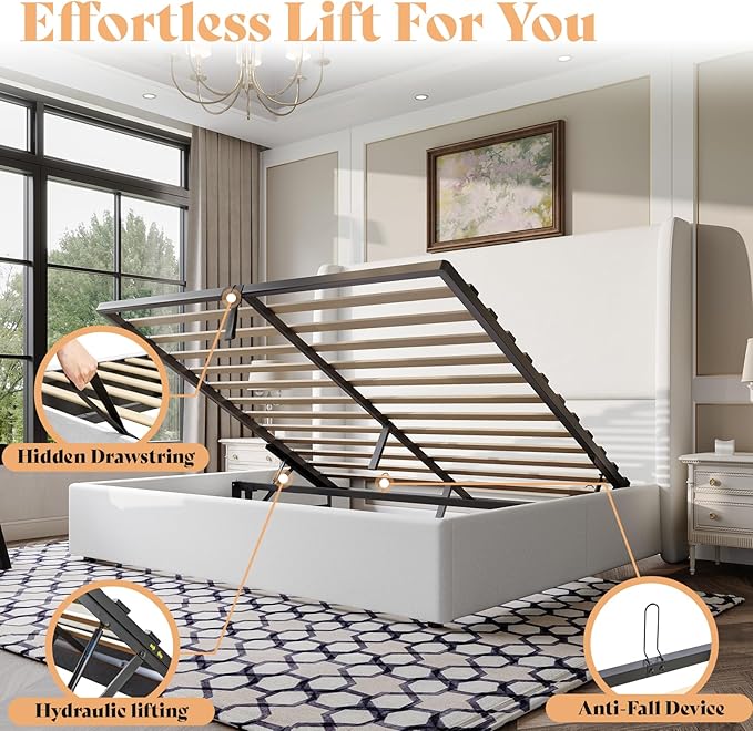 AMERLIFE Lift Up Storage Bed Queen Size Linen Upholstered Platform Bed Frame Hydraulic Storage No Box Spring Needed White
