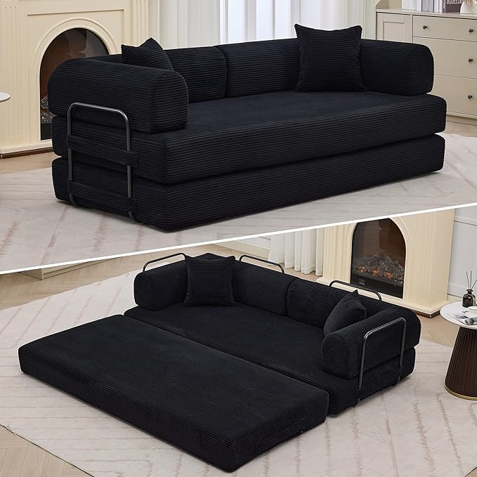 78'' Convertible Sleeper Sofa Bed4 in 1 Corduroy Boneless Couch with PillowsFolding Sectional Couch with Pull Out BedFloor Sofa Loveseat for Living RoomBedroomNo Assembly RequiredBlack