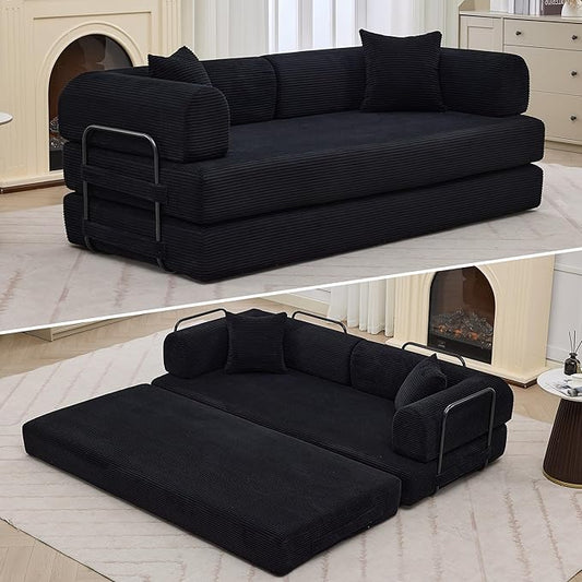 78'' Convertible Sleeper Sofa Bed4 in 1 Corduroy Boneless Couch with PillowsFolding Sectional Couch with Pull Out BedFloor Sofa Loveseat for Living RoomBedroomNo Assembly RequiredBlack
