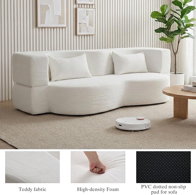 2-in-1 Folding Convertible Sofa Bed - 78 Inch Boneless Teddy Loveseat Sleeper Foldable Floor Futon Couch with Pillow Pull-Out Modular Matress for Small Spaces (Living Room/Bedroom/Dorm) (White)