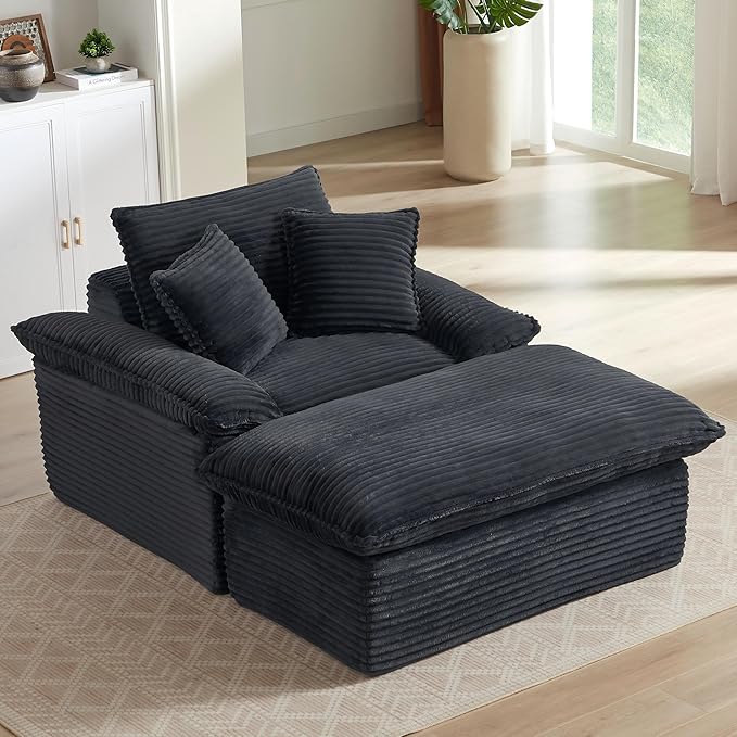 70 Inch Corduroy Chaise Lounge Indoor - Oversized Convertible Sofa with Ottoman &amp Throw PillowsNo Assembly for Living Room &amp Small SpacesDark Grey