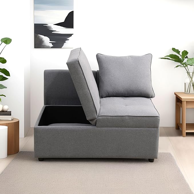 Convertible Ottoman Sofa with Storage Modern Sackcloth Futon Couch with 2 Pillows Adjustable Backrest Recliner Folding Loveseat for Living Room Apartment Dorm OfficeGrey