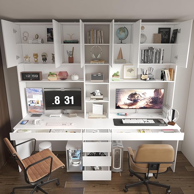 White Computer Desk with Storage for 2 People Modern Large Home Office Desk Writing Desk with Storage Shelves &amp Drawers Freestanding Workstation with Bookshelf for Office 94.5 W