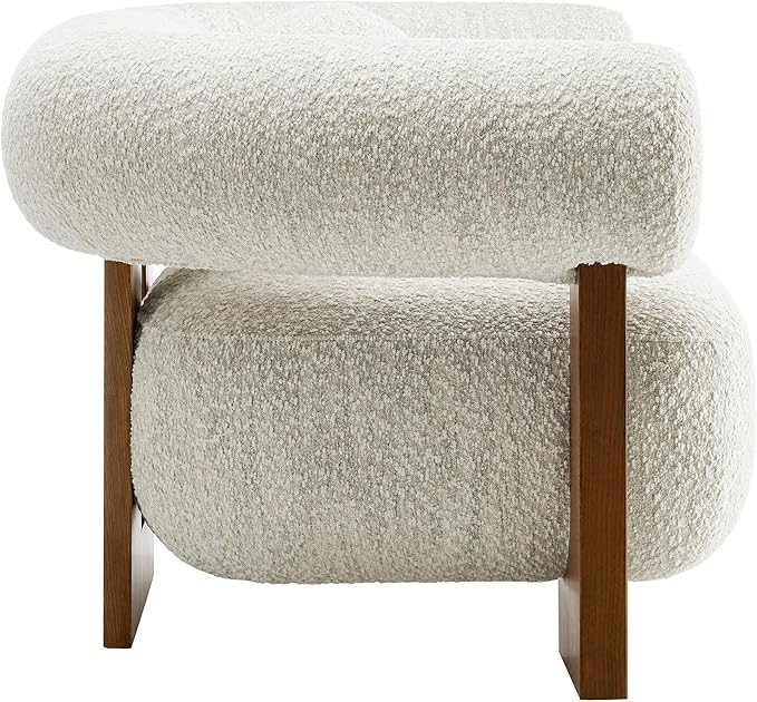 Modway Jace Boucle Fabric Accent Chair in Pearl - Upholstered Barrel Chair with Pillow - Comfy Lounge Armchair with Curved Back and Wood Legs - Soft Teddy Club Chair for Living Room or Bedroom