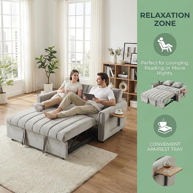 53.9 3-in-1 Convertible Sleeper Sofa Bed Loveseat Pull Out Bed with USB Ports &amp Swivel Stand Modern Foldable Sofa Bed with Tabletop Sleeper Couch for Living Room Bedroom (Grey)