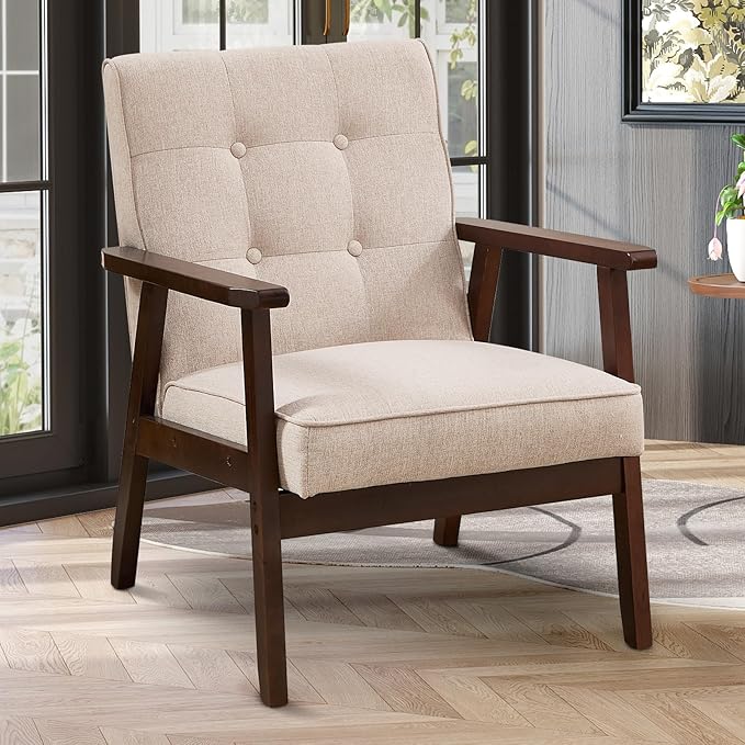 Accent Chair Mid Century Modern Chair for Living Room Comfy Fabric Armchair with Solid Wood Frame Soft Thick Padded Side Chairs Easy Assembly (1 Fabric Beige)
