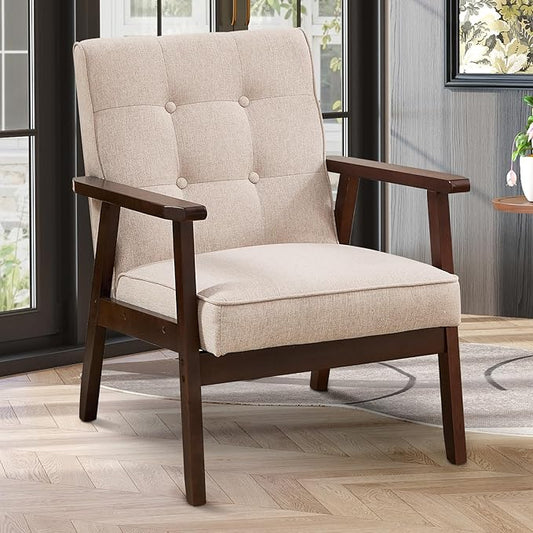 Accent Chair Mid Century Modern Chair for Living Room Comfy Fabric Armchair with Solid Wood Frame Soft Thick Padded Side Chairs Easy Assembly (1 Fabric Beige)