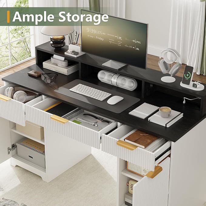 59 Executive Desk Fluted Office Desk with Power Outlets Long Monitor Stand Large Home Office Desks with 3 Drawers &amp 2 Storage Cabinet Computer Writing Desk for Study Bedroom White
