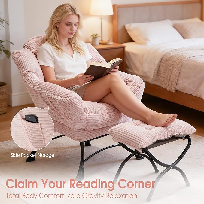 Lazy Chair with Ottoman Comfy Lounge Chair for Reading Relaxing and Napping Perfect for Living Room Bedroom or Office Pink