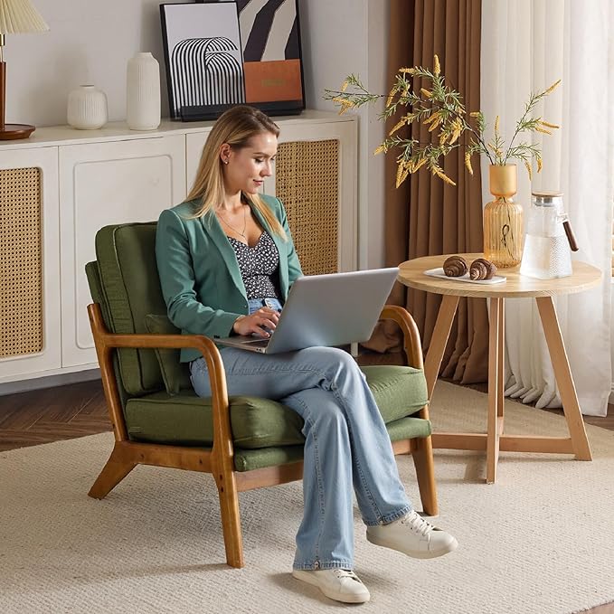 Karl home Accent Chair Mid-Century Modern Chair with Pillow Linen Fabric Upholstered Lounge Arm Chair with Solid Wood Frame &amp Soft Cushion for Living Room Bedroom Balcony Green