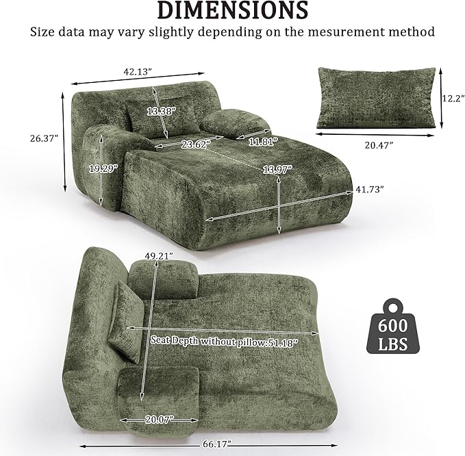 66 Inches Oversized Chaise Lounge Indoor No Assembly Required Single Sleeper Sofa Chair with Lumbar Pillow Upholstered Boneless Sofa Bed for Living Room Bedroom