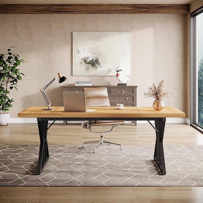 Tribesigns 70.86-Inch Large Executive Desk Industrial Home Office Computer Desk Simple Long Writing Study Table Business Furniture (Light Walnut/Black)