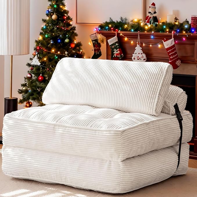 GYUTEI Folding Sofa Bed Convertible Sleeping Chair with Backrest Support and Soft Corduroy FabricFold Couch Bed with Pillow for Small Spaces/Living Room/Bedroom/Apartment Single SizeBeige