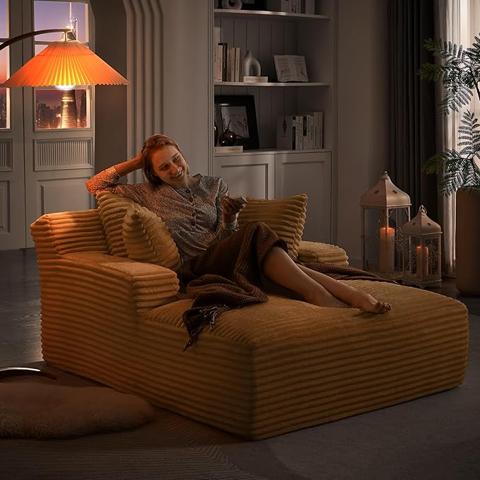 KEIKI 66 Oversized Chaise Lounge Chair No Assembly Boneless Sleeper Style Lounger for Living Room Plush Corduroy Upholstery Deep Seat for Relaxing Reading Napping &amp Daily Home Comfort