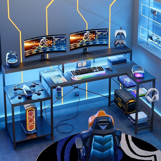 Bestier Gaming Desk with Power Outlet 71.5 inch LED Computer Desk with Monitor Stand L Shaped Large Desk with Metal Shelf Cup Holder &amp Headset Hooks Corner Desk for Bedroom 3D Carbon Fiber