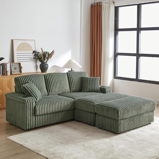 84 Cloud Sectional Couch Plush Corduroy Sofa with 2 Ottoman 2storage Spaces and Cup-Holding 3-Seat Memory Foam Cloud Couch sectional couches for Living Room Apartment (Army Green)