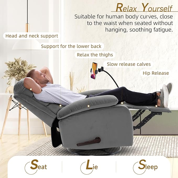 Swivel Rocker Recliner Chair Rocking Recliner Chair with Velvet Fabric Small Manual Reclining for Living Room Nursery Bedroom RV Light Gray