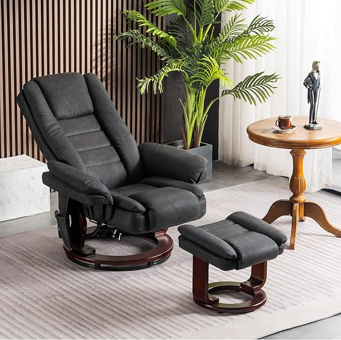 MCombo Swivel Recliner with Ottoman Chair TV Chair Sets with Vibration Massage for Small Space Living Room Bedroom 9096 9099 (Faux Leather Dark Grey)