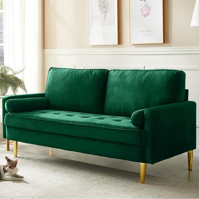 65 Inch Green Velvet Couch Small Loveseat Sofa &amp Office Sofa for Small Space Couch for Bedroom Livingroom 2 Pillows Gold Legs Tufted Seat (Green)