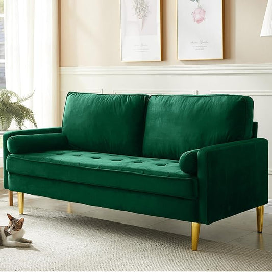 65 Inch Green Velvet Couch Small Loveseat Sofa &amp Office Sofa for Small Space Couch for Bedroom Livingroom 2 Pillows Gold Legs Tufted Seat (Green)