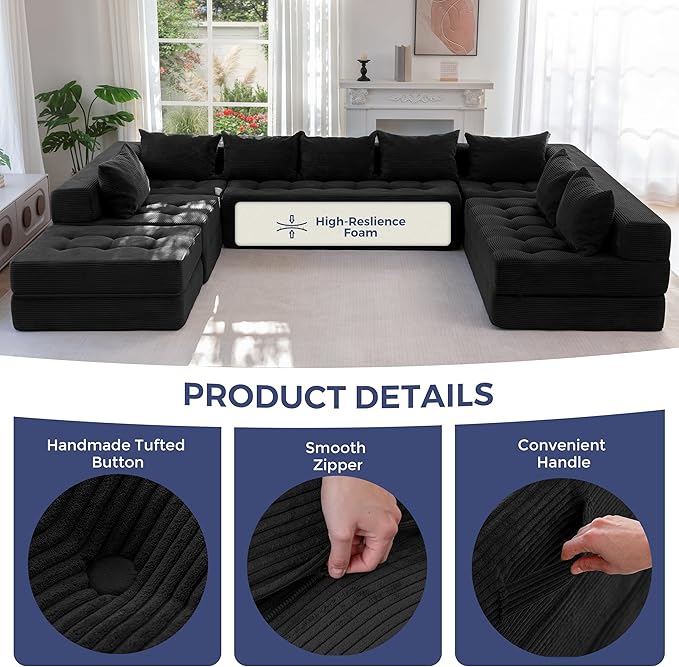 MAXYOYO Modular Sectional Sofa Couch Foldable Oversized U Shaped Cloud Couch with Pillows Tufted Boneless Sleeper Lounger Floor Sofa Bed for Living Room No Assembly Required Black