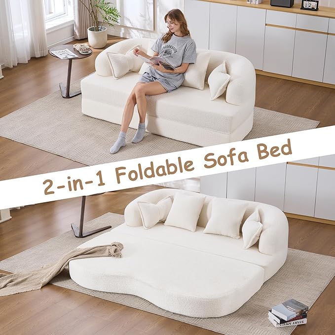 70Convertible Folding Sofa Bed 2-in-1 Boneless Loveseat Couch Wood-grain Soft Chenille with 4 Pillows Sleeper Sofa Love Seat Small Couch for Small Spaces Living Room Bedroom No Assembly