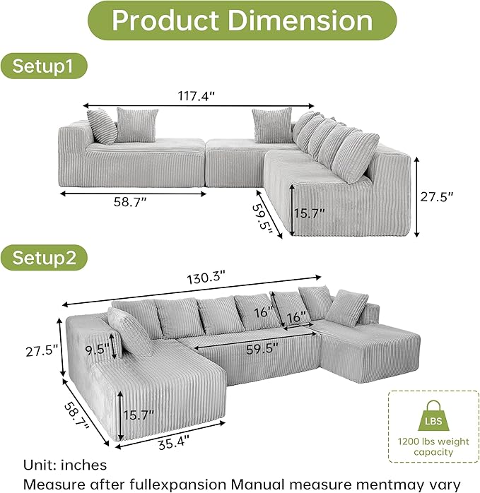 130 Boneless Couch Cloud Couch Sectional Corduroy Sofa for Living Room U Shaped Modular Sofa with Chaise No Assembly 4 Seats Oversized (Grey)