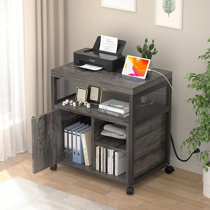 Unikito Rolling File Cabinet Lateral Office Filing Cabinets with Socket and USB Charging Port Modern Printer Stand on Wheels Printer Cabinet with Door and Open Storage Lockable Black Oak