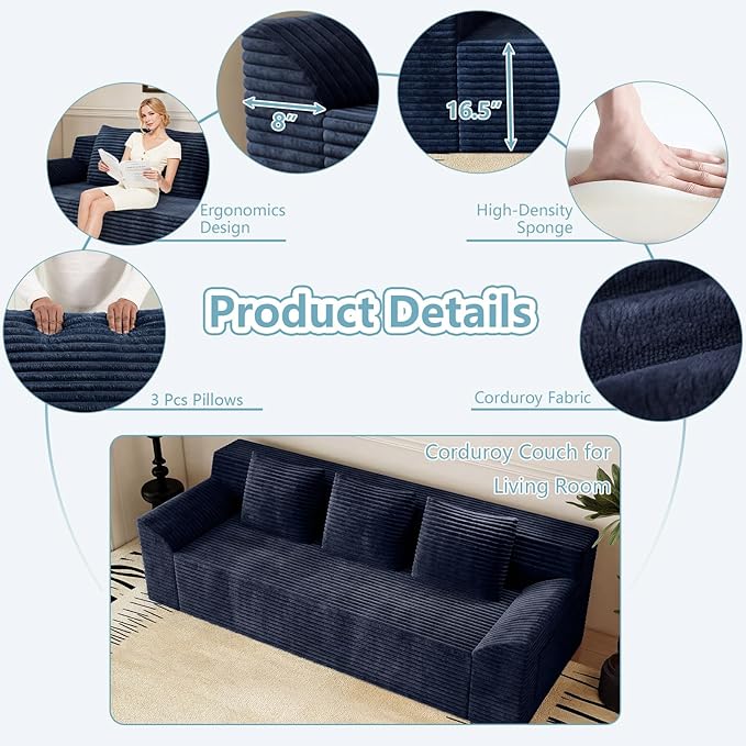 71Cloud Loveseat SofaModern 2-Seater Boneless Couch with 3 Pillows &amp Side PocketSoft Corduroy Love seatCompressed FoamDeep SeatNo Assembly for Living RoomBedroomApartment(Tilted ArmrestBl