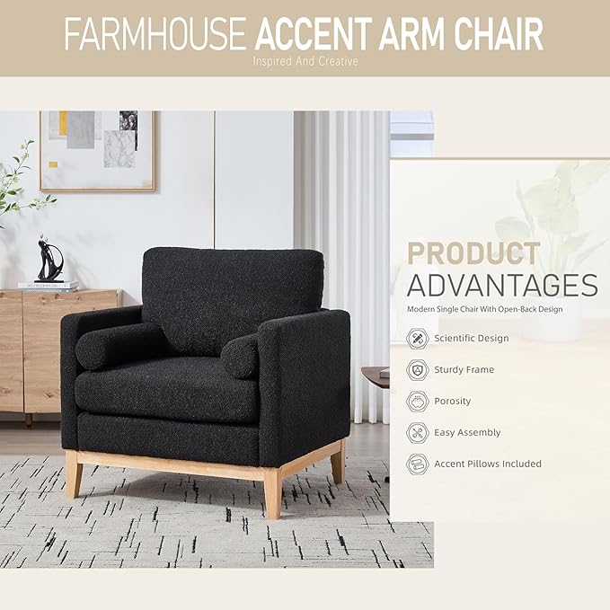 35.4 Black Boucle Modern Accent Chair with Wood Legs - Pocket Spring Foam SeatBolster PillowsEasy Assembly Reading Armchair Single Sofa for Living Room &amp OfficesLounge (Black+Natural Legs)