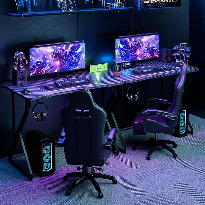 Grandder Gaming Desk Z Shaped 40 Inch Gamer Workstation Home Computer Carbon Fiber Surface Gaming Desk PC Table with Headphone Hook Carbon Fiber Black