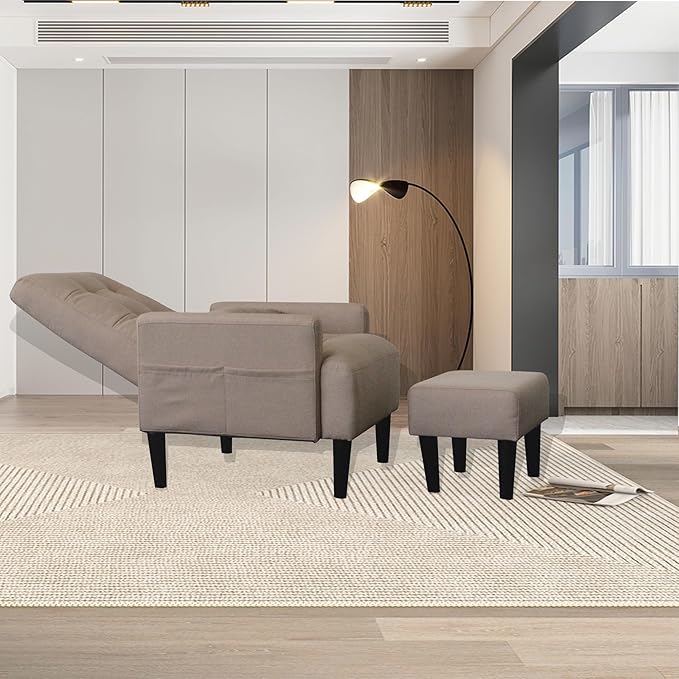Redde Boo Brown Living Room Sofa Single Chair and Ottoman Modern Multi-Function Fabric Living Room Sofa Lounge Chair Bed and Stool. Soft Leisure Single Chair Adjustable into 5 Angles with Sofa Bed