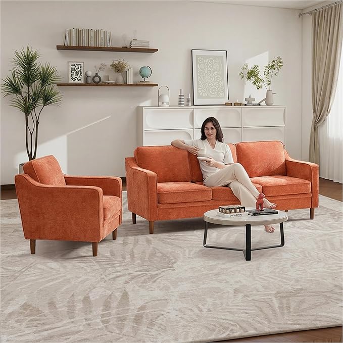 Kingfun Accent Chair Living Room Chairs Mid Century Reading Armchair Chenille with Solid Wood Foot Upholstered Modern Decor for Bedroom Apartment Orange