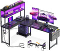 AODK L Shaped Desk Gaming Desk with LED Light &amp Power Outlet 61 Inch Reversible L Shaped Computer Table with Shelf &amp Storage Bag &amp Hook for Home Office Black