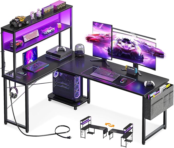 AODK L Shaped Desk Gaming Desk with LED Light &amp Power Outlet 61 Inch Reversible L Shaped Computer Table with Shelf &amp Storage Bag &amp Hook for Home Office Black