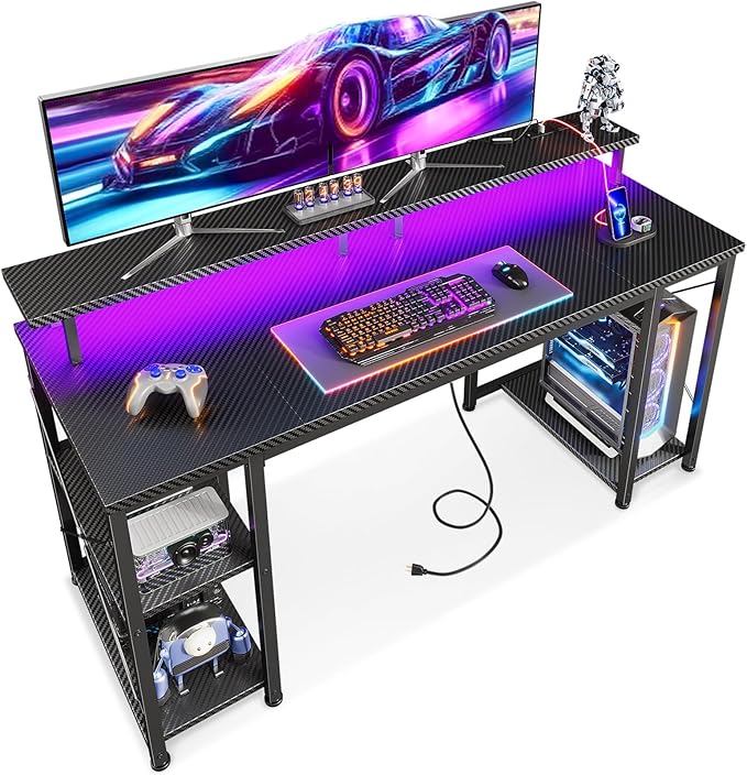 ODK 55 Inches Gaming Desk with LED Lights Computer Desk with Monitor Stand Pc Table with CPU Stand Carbon Fiber Black