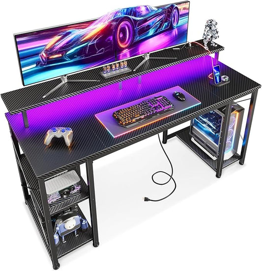 ODK 55 Inches Gaming Desk with LED Lights Computer Desk with Monitor Stand Pc Table with CPU Stand Carbon Fiber Black