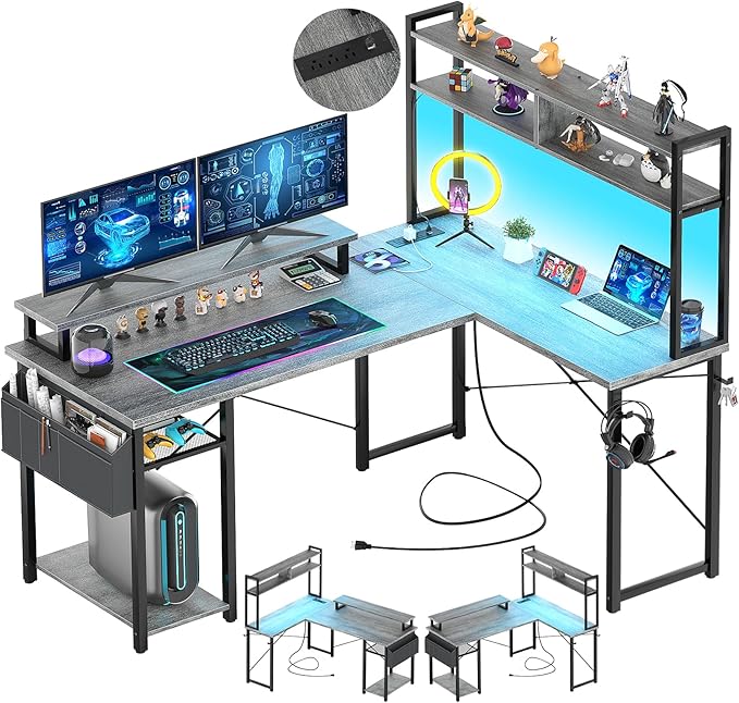 Aheaplus Small L Shaped Gaming Desk with LED Lights &amp Power Outlets Reversible L-Shaped Computer Desk with Monitor Stand &amp Storage Shelf Corner Desks Home Office Desk with Storage Bag White