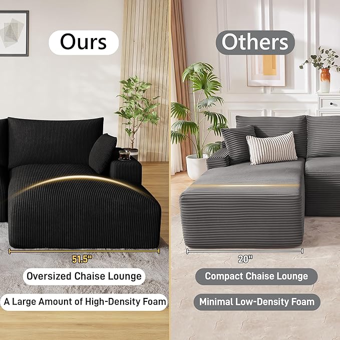 113 Modular Sectional Sofa Cloud Couch Modern Deep Seat Fluffy Corduroy Boneless Couch with Cup Holder Comfy L Shaped Sectional Couches for Living Room Bedroom. (Right Facing Black)