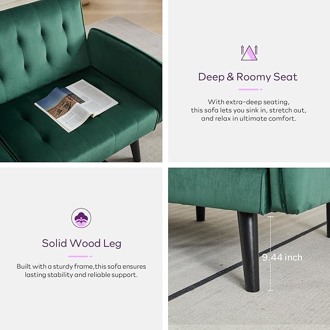 TYBOATLE 65 W Velvet Modern Convertible Folding Futon Couch Sofa Bed w/ 2 USB Charging Ports and arms Loveseat for Living Room Office Apartment Bedroom (Green)